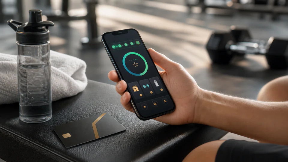 Smartphone mit Gym-Bonusprogramm, Streak-Anzeige und Rewards