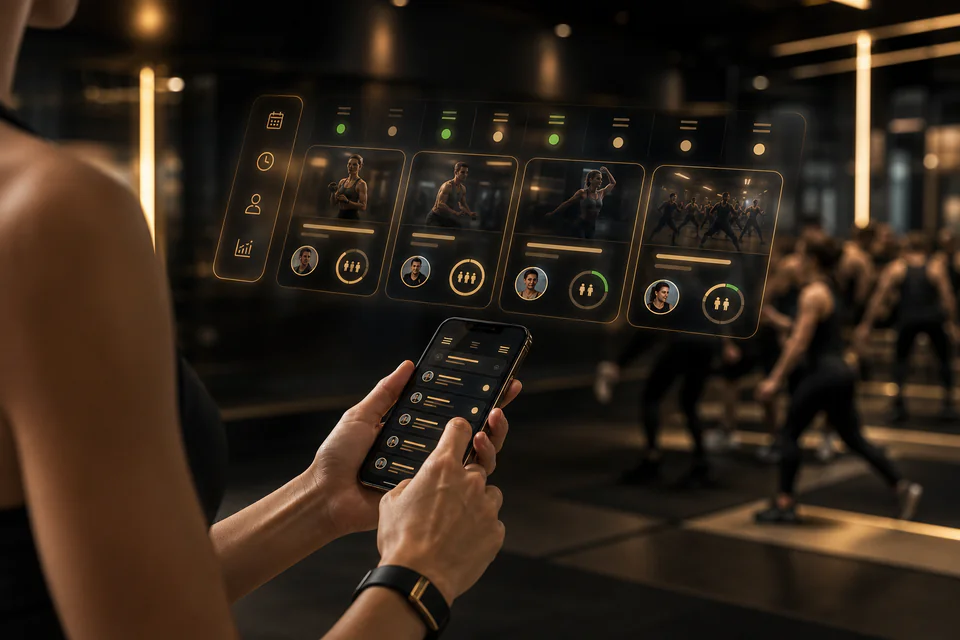 Gym-Mitglied nutzt einen Member-Bereich mit Buchungen, Check-ins und Fortschritt