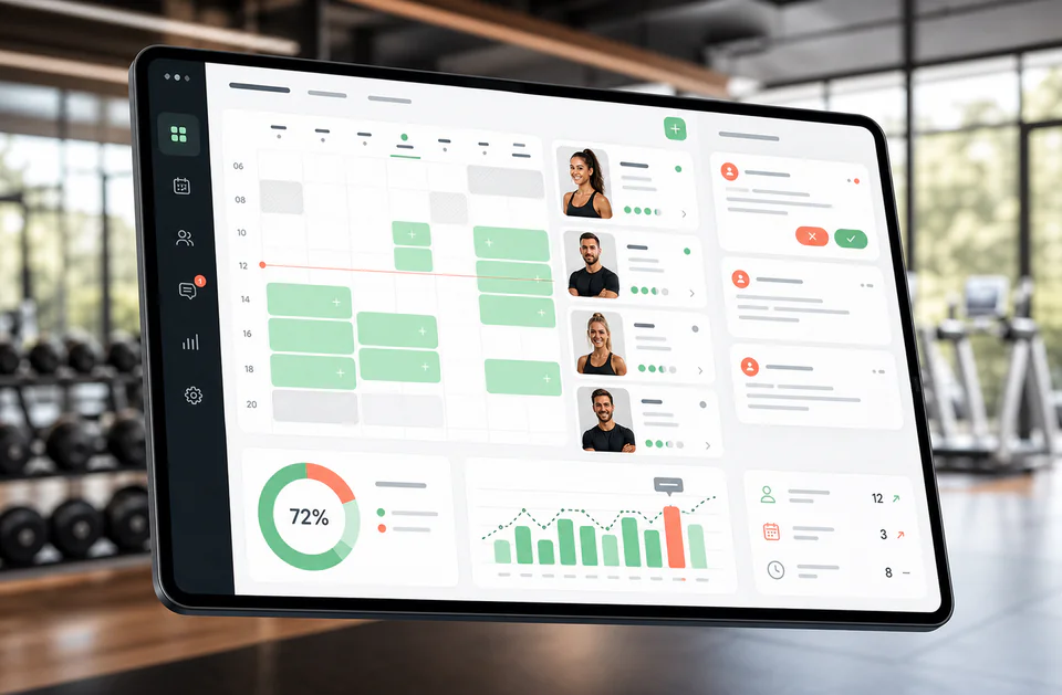 Tablet-Dashboard für Personal-Training-Buchungen mit freien Slots und Trainerprofilen