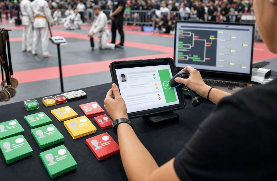 Turnier-Check-in mit Tablet, Teilnehmerkarten und Bracket-Übersicht in einer Kampfsporthalle
