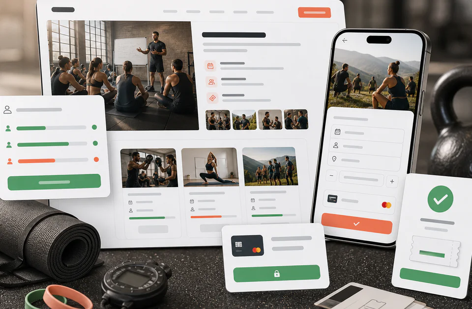 Booking-Mockups für Gym-Workshops mit Teilnehmerlimit, Zahlung und Bestätigung