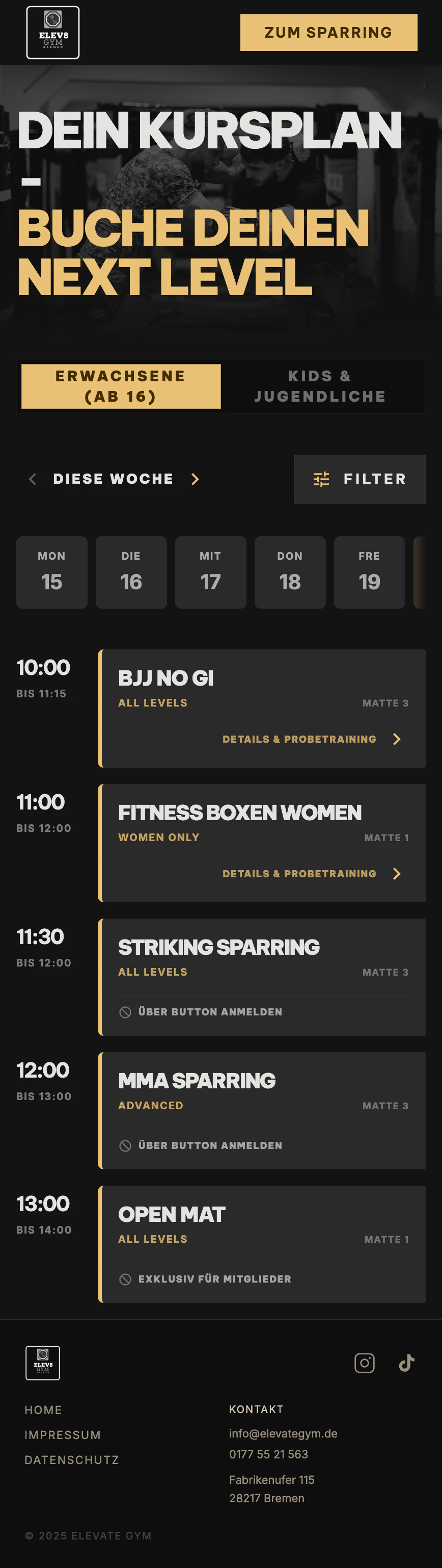 Mobile Ansicht des interaktiven Gym-Kursplans