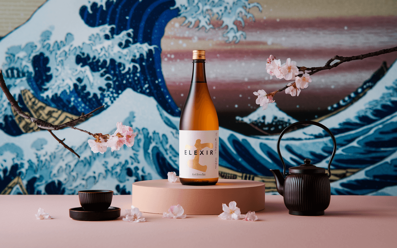 KI-generiertes Produktbild eines Sake-Flasche mit Ideogram